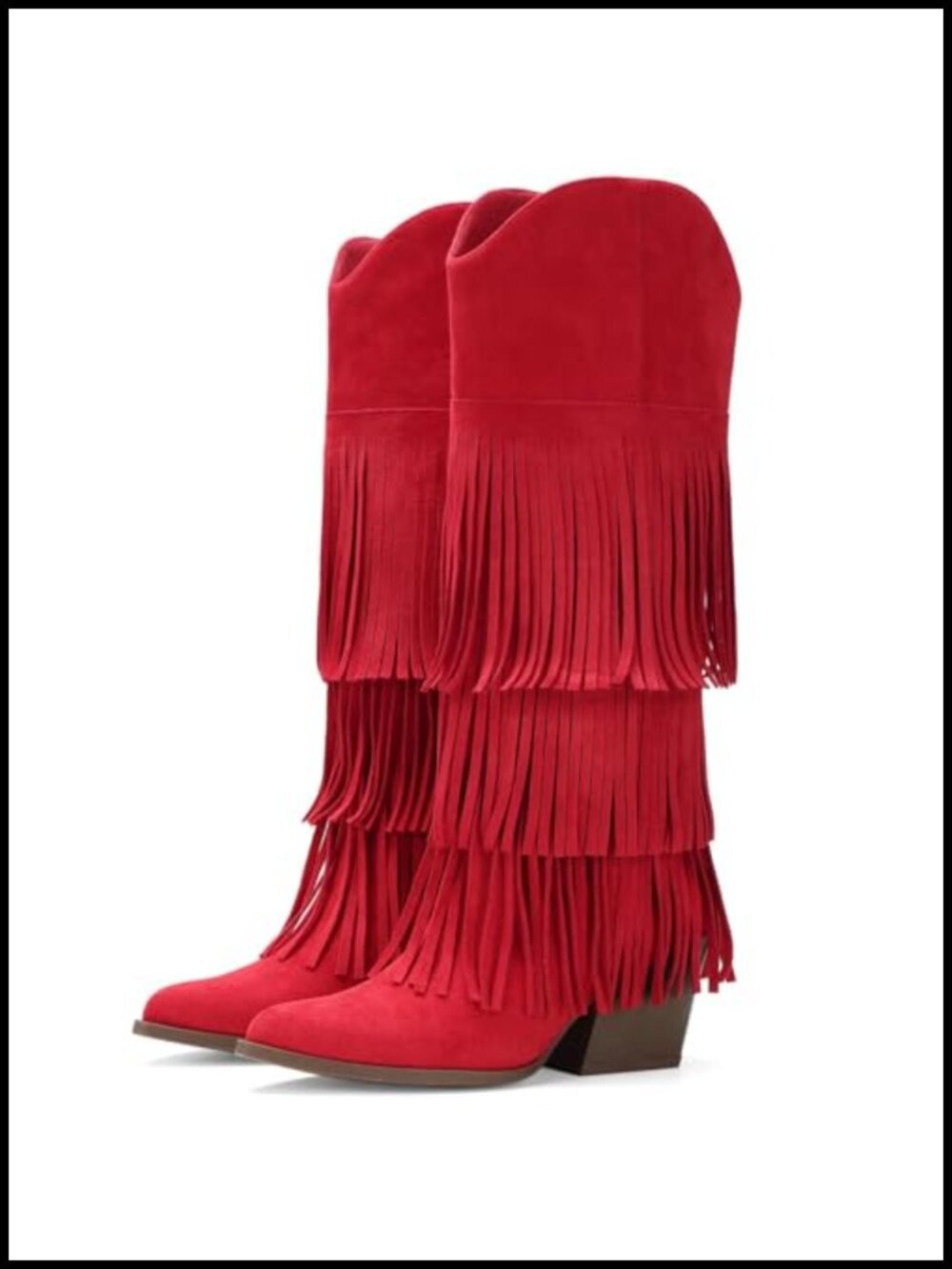 Retro Cowgirl Boots Women Suede Fringe Mid-Calf Pull On Block Heel Western